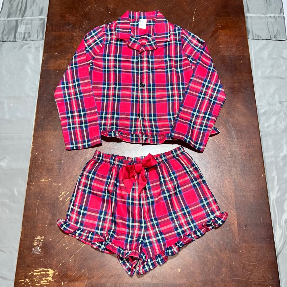 Sugar & Jade Girls Red Plaid Pajama Set Long Sleeve Top Shorts Ruffle Size 8 S